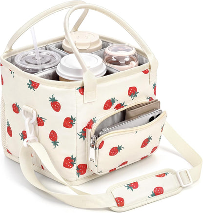 4 Compartments Drink Carrier Bag with Strap,Strawberry,Beige | Insulated Water Bottle Holder, Portable Tumbler Carrier Caddy, Car Commute to Work Coffee Drinking Takeout for Teacher