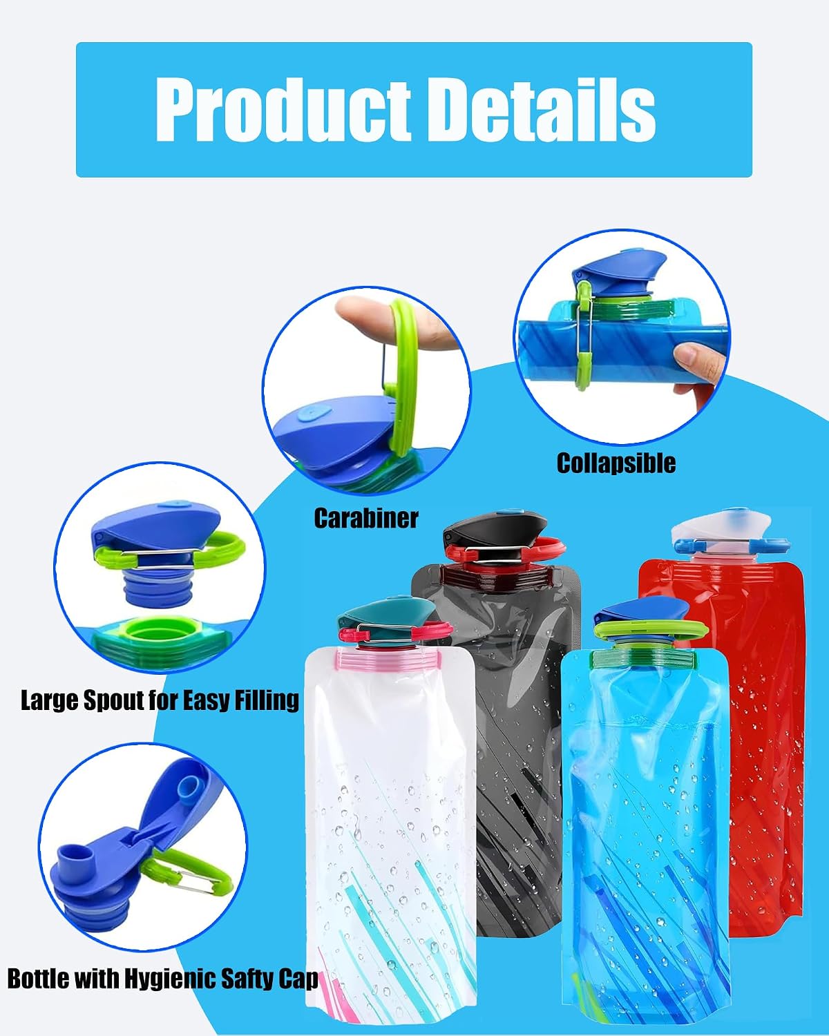 4 Pack Collapsible Water Bottle with Carabiner, 23oz Foldable Reusable BPA-Free Water Bottles with Leakproof Lid for Traveling Hiking Camping Biking