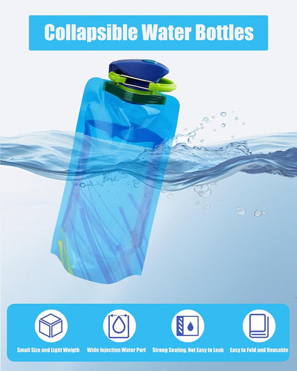 4 Pack Collapsible Water Bottle with Carabiner, 23oz Foldable Reusable BPA-Free Water Bottles with Leakproof Lid for Traveling Hiking Camping Biking