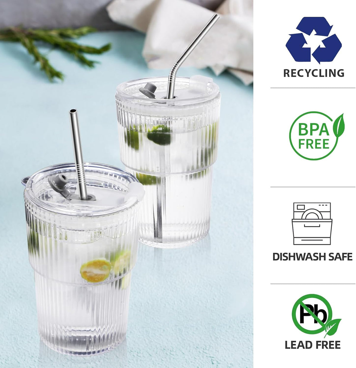 16 OZ Iced Coffee Cups with Lids and Straws Set of 4, Unbreakable Plastic Drinking Glasses Reusable Iced Coffee Glass to Go Cup for Iced Tea,Juice, Water,BPA Free, Dishwasher Safe