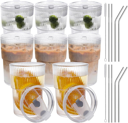 16 OZ Iced Coffee Cups with Lids and Straws Set of 4, Unbreakable Plastic Drinking Glasses Reusable Iced Coffee Glass to Go Cup for Iced Tea,Juice, Water,BPA Free, Dishwasher Safe