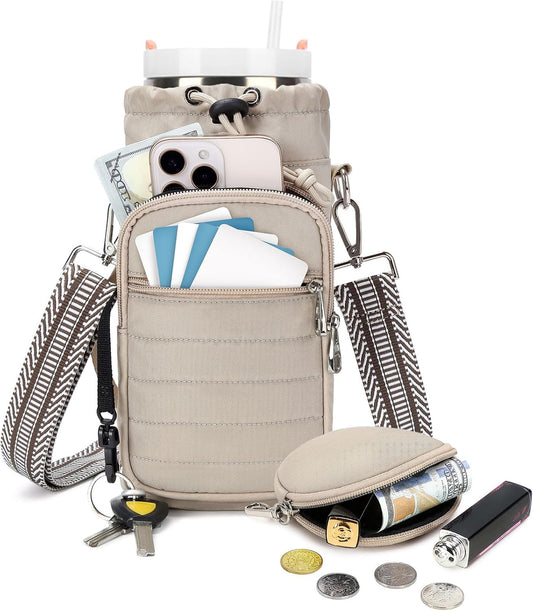 Water Bottle Carrier Bag with Strap Phone Pocket for Walking, Hiking, Cycling