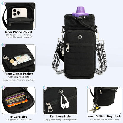 Water Bottle Carrier Bag with Strap Phone Pocket for Walking, Hiking, Cycling