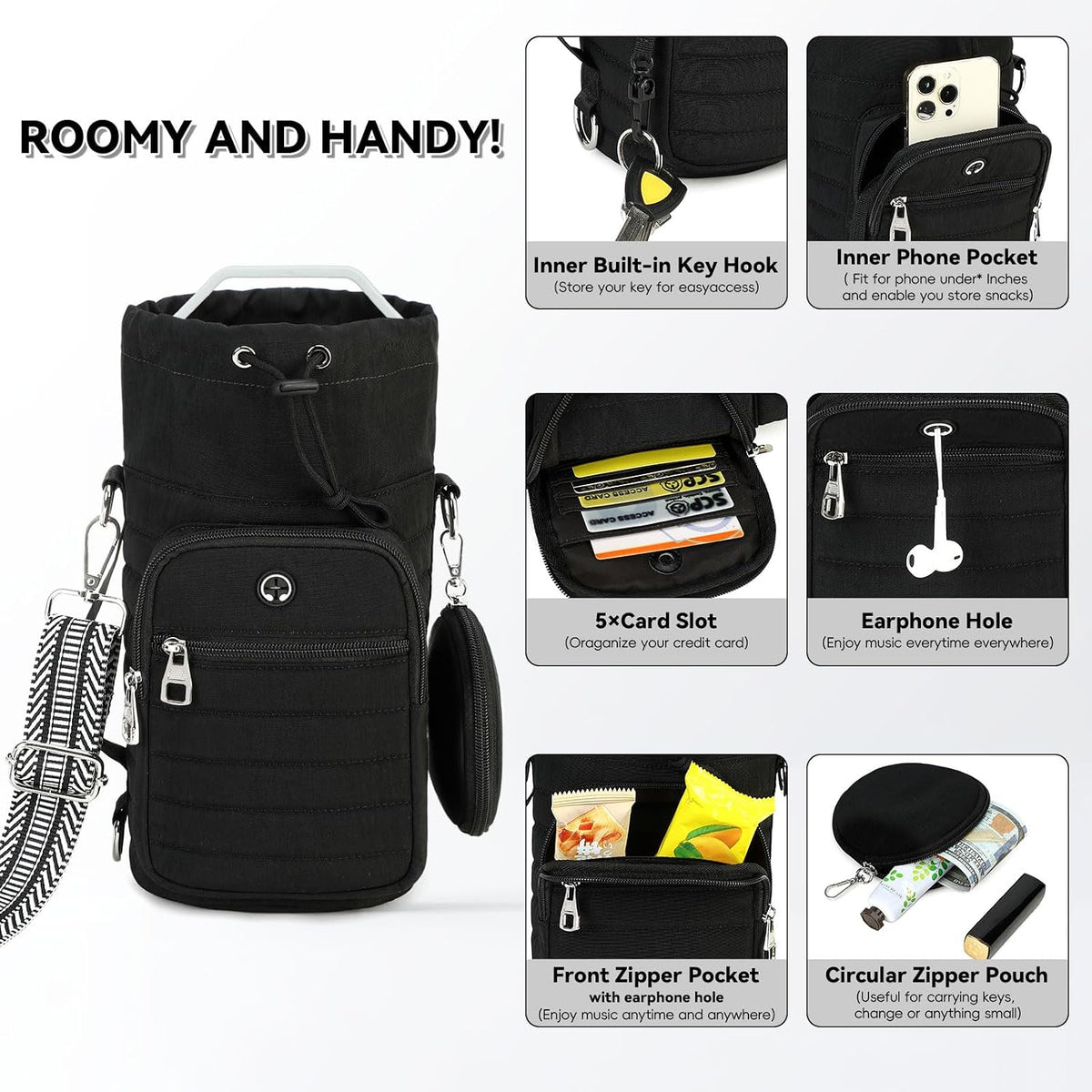 Water Bottle Carrier Bag with Strap Phone Pocket for Walking, Hiking, Cycling
