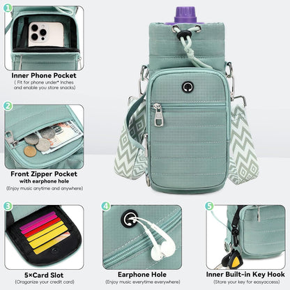Water Bottle Carrier Bag with Strap Phone Pocket for Walking, Hiking, Cycling