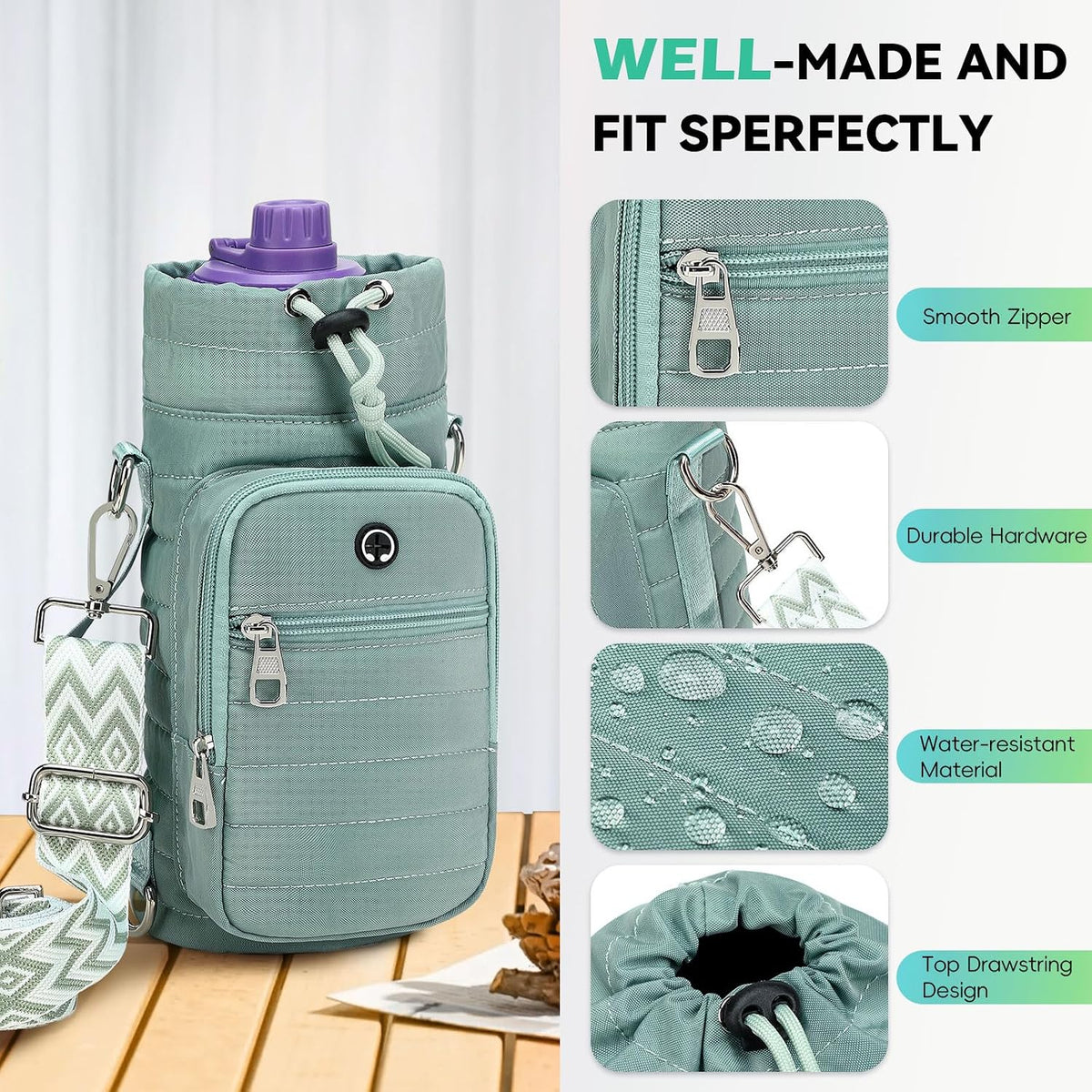 Water Bottle Carrier Bag with Strap Phone Pocket for Walking, Hiking, Cycling