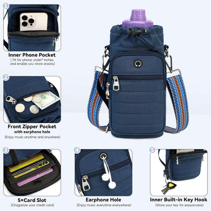 Water Bottle Carrier Bag with Strap Phone Pocket for Walking, Hiking, Cycling