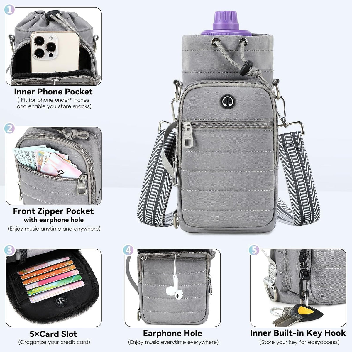 Water Bottle Carrier Bag with Strap Phone Pocket for Walking, Hiking, Cycling