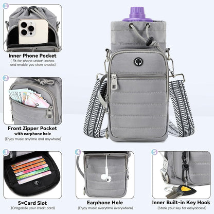 Water Bottle Carrier Bag with Strap Phone Pocket for Walking, Hiking, Cycling