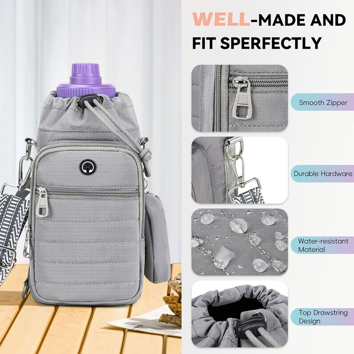 Water Bottle Carrier Bag with Strap Phone Pocket for Walking, Hiking, Cycling