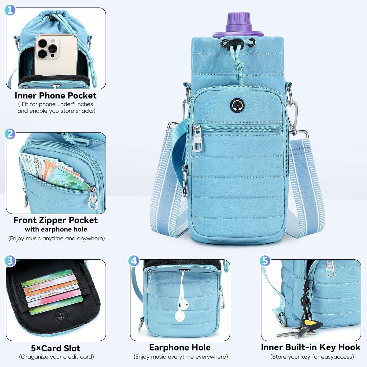 Water Bottle Carrier Bag with Strap Phone Pocket for Walking, Hiking, Cycling