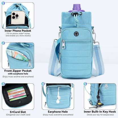 Water Bottle Carrier Bag with Strap Phone Pocket for Walking, Hiking, Cycling