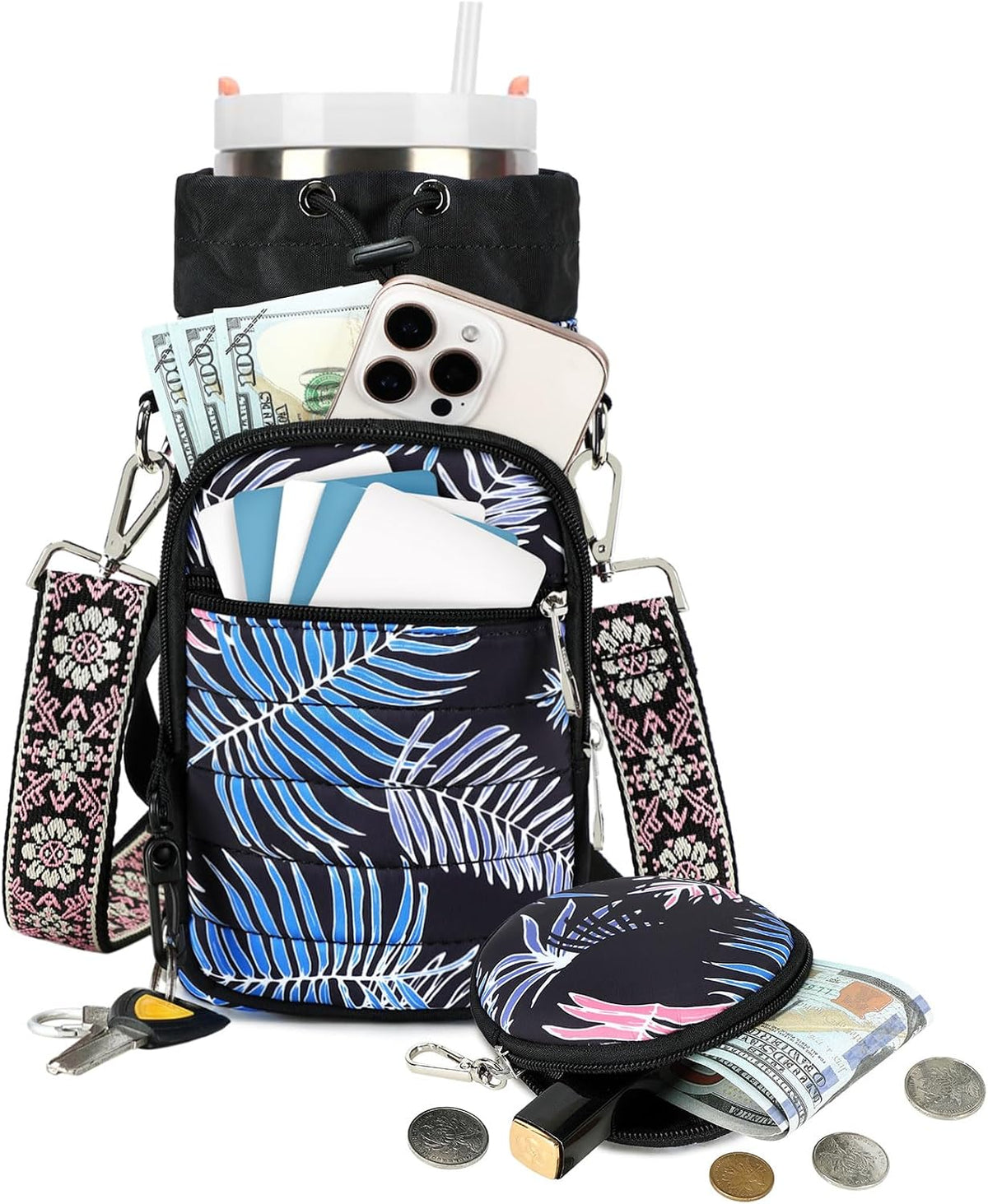 Water Bottle Carrier Bag with Strap Phone Pocket for Walking, Hiking, Cycling