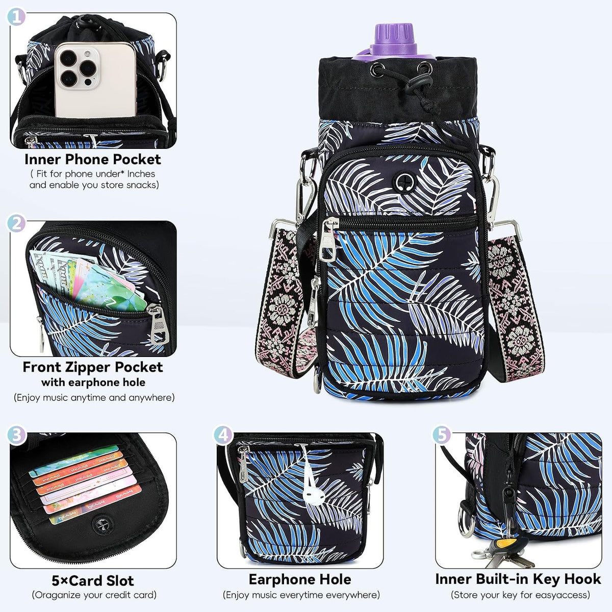 Water Bottle Carrier Bag with Strap Phone Pocket for Walking, Hiking, Cycling