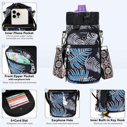Water Bottle Carrier Bag with Strap Phone Pocket for Walking, Hiking, Cycling