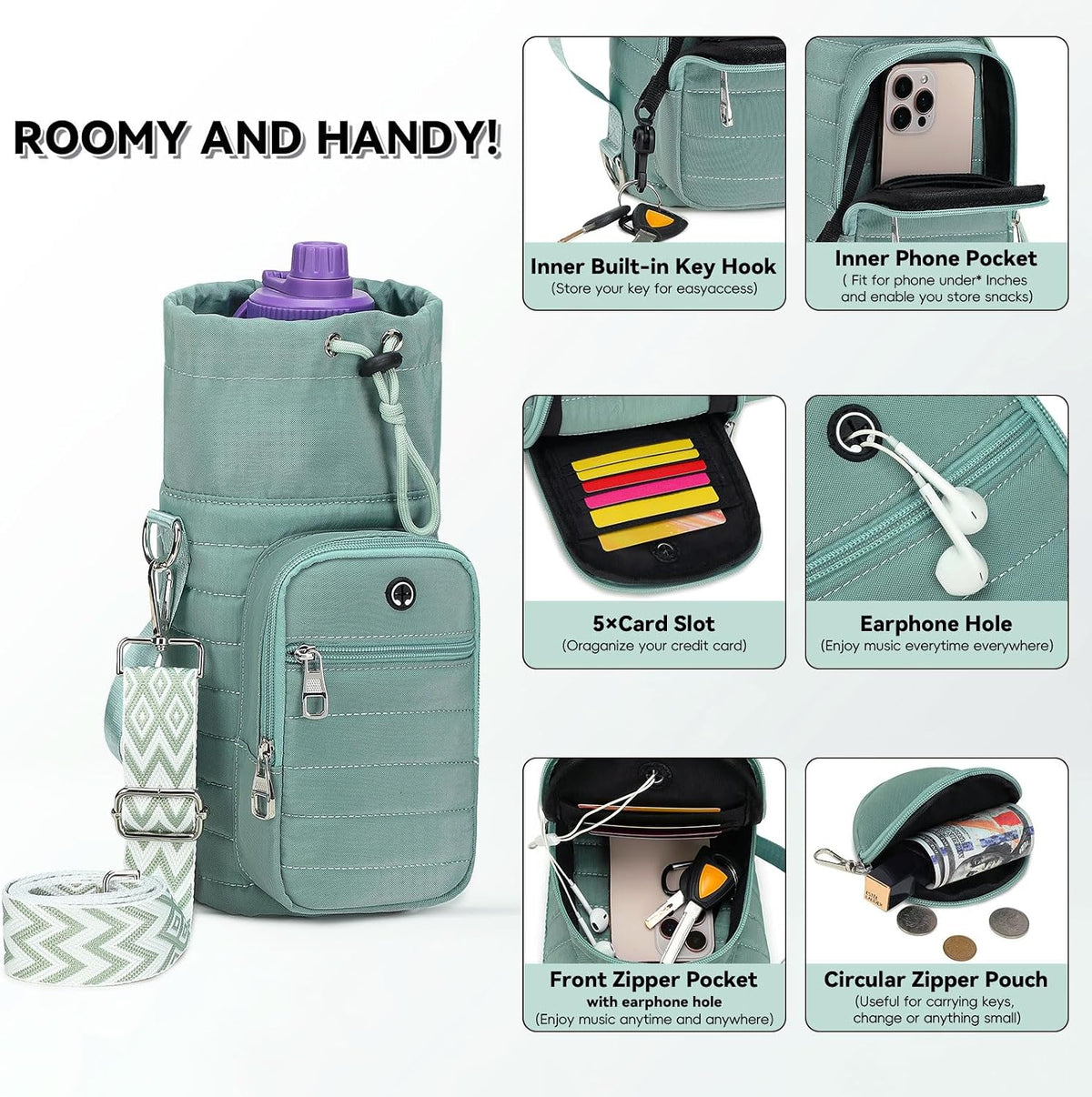Water Bottle Carrier Bag with Strap Phone Pocket for Walking, Hiking, Cycling