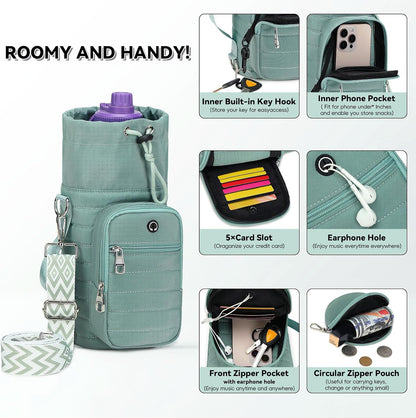Water Bottle Carrier Bag with Strap Phone Pocket for Walking, Hiking, Cycling