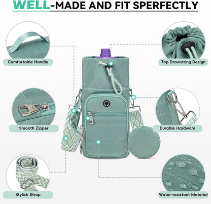 Water Bottle Carrier Bag with Strap Phone Pocket for Walking, Hiking, Cycling