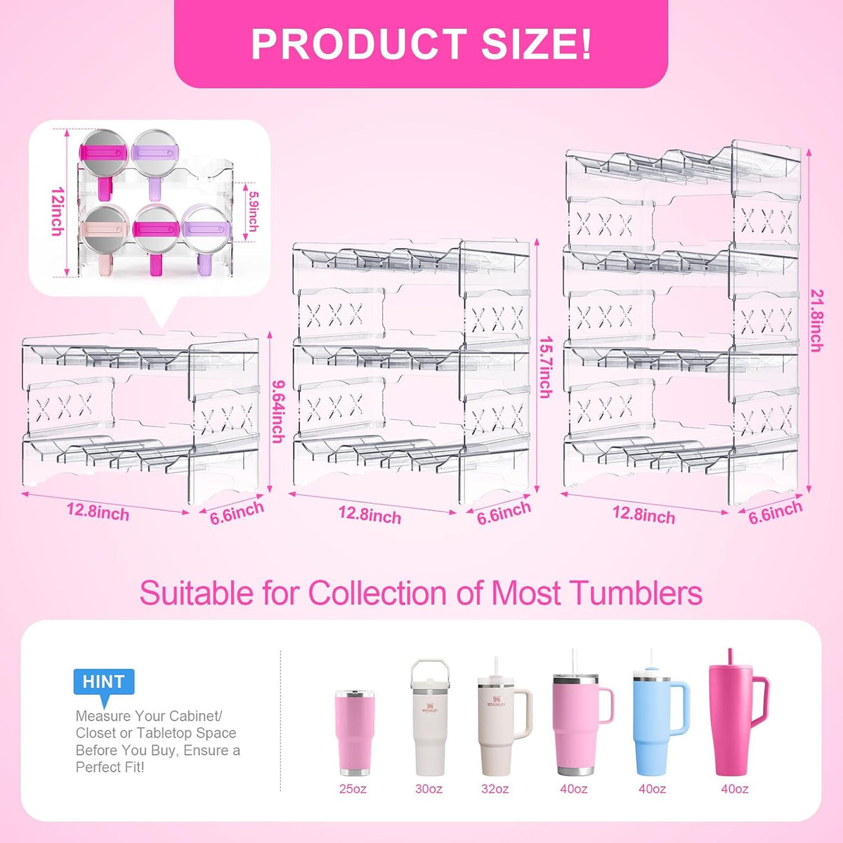 JYPS Tumbler Organizer, Acrylic Water Bottle Storage For Full Stanley 40oz Tumbler, Stackable Handle Cup Holder For Home Kitchen Pantry Countertop Cabinet, Size For Stanley/HydroJug/Owala/YETI/BrüMate