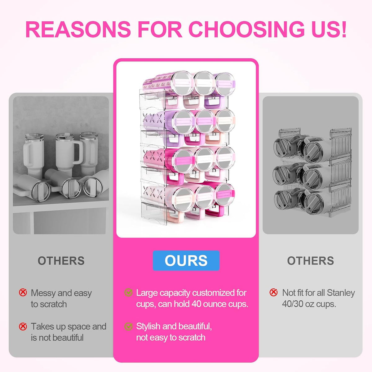 JYPS Tumbler Organizer, Acrylic Water Bottle Storage For Full Stanley 40oz Tumbler, Stackable Handle Cup Holder For Home Kitchen Pantry Countertop Cabinet, Size For Stanley/HydroJug/Owala/YETI/BrüMate