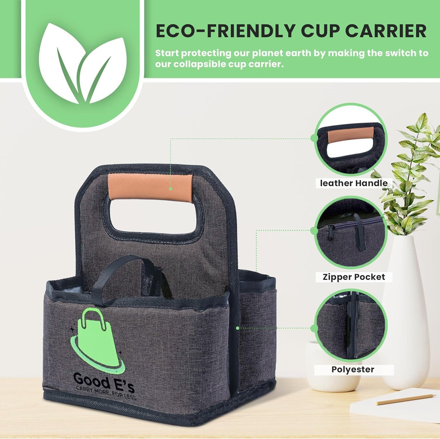 4 Cup Reusable Coffee Cup Carrier for Delivery, Insulated, Waterproof, Portable Tote Bag Drink Holder with Leather Handle Organizer for Cold/Hot Beverages (16oz to 24oz)