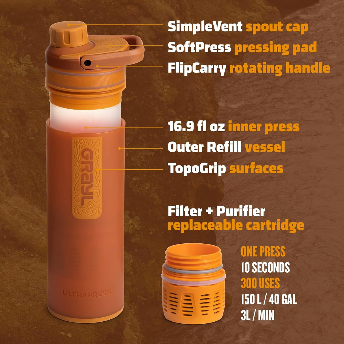 UltraPress 16.9 oz Water Purifier & Filter Bottle, Forest Blue