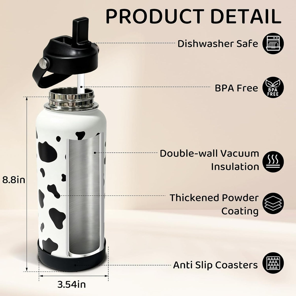 32oz Pickleball Insulated Water Bottle for Women with Straw