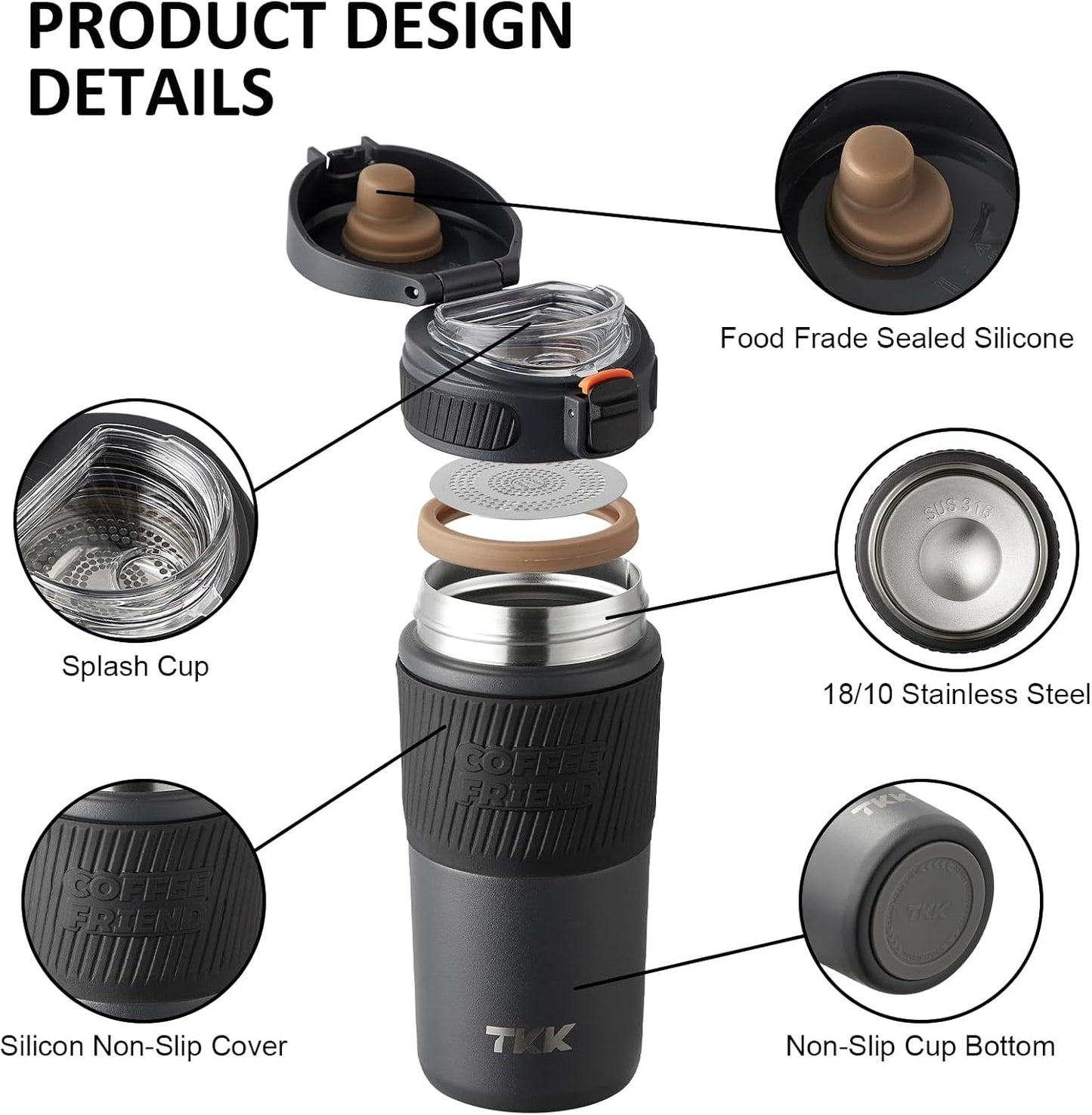 Coffee Travel Mug 15 oz Insulated Stainless Steel Cup with Flip Lid, Leak Proof Bottle for Tea & Drinks, Dishwasher Safe, Slate Grey