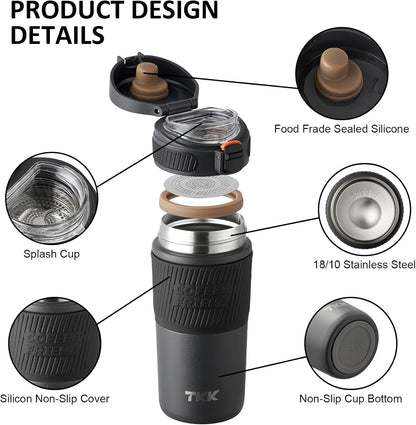 Coffee Travel Mug 15 oz Insulated Stainless Steel Cup with Flip Lid, Leak Proof Bottle for Tea & Drinks, Dishwasher Safe, Slate Grey