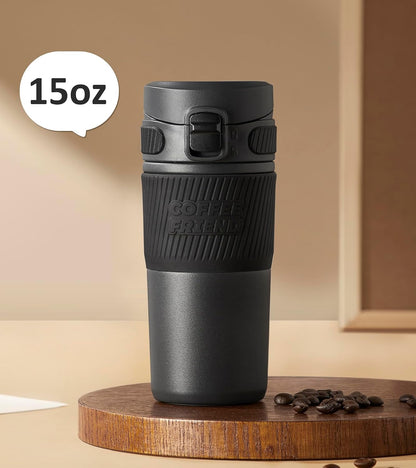 Coffee Travel Mug 15 oz Insulated Stainless Steel Cup with Flip Lid, Leak Proof Bottle for Tea & Drinks, Dishwasher Safe, Slate Grey