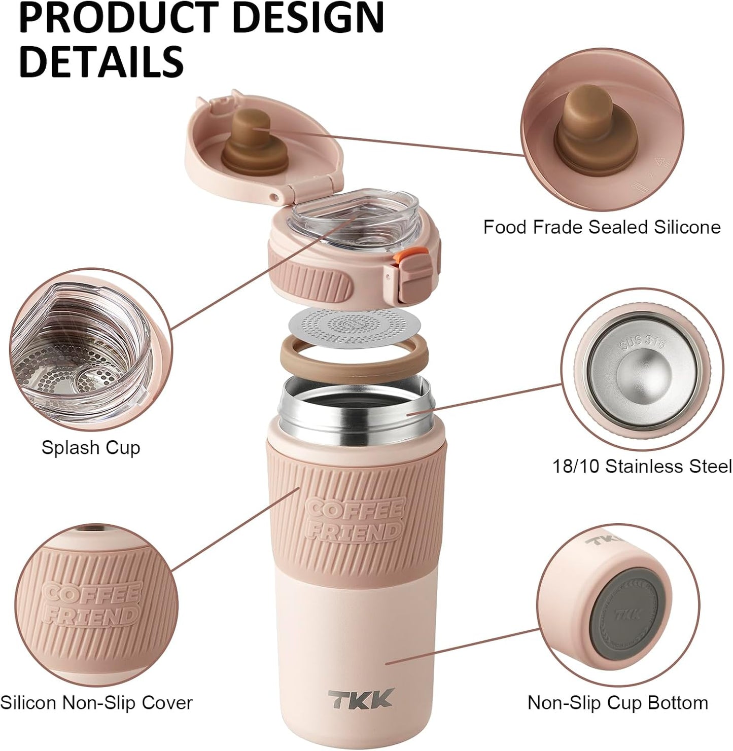 Coffee Travel Mug 15 oz Insulated Stainless Steel Cup with Flip Lid, Leak Proof Bottle for Tea & Drinks, Dishwasher Safe, Slate Grey