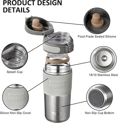 Coffee Travel Mug 15 oz Insulated Stainless Steel Cup with Flip Lid, Leak Proof Bottle for Tea & Drinks, Dishwasher Safe, Slate Grey