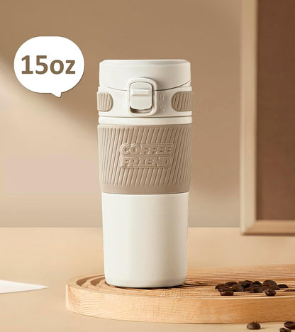 Coffee Travel Mug 15 oz Insulated Stainless Steel Cup with Flip Lid, Leak Proof Bottle for Tea & Drinks, Dishwasher Safe, Slate Grey