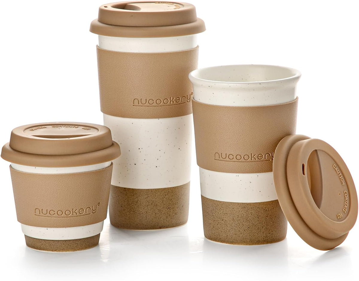 Ceramic Travel Coffee Mug Set, To Go Mug with Silicone Lid&Non-Slip Sleeve