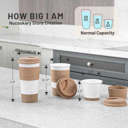 Ceramic Travel Coffee Mug Set, To Go Mug with Silicone Lid&Non-Slip Sleeve