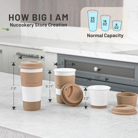 Ceramic Travel Coffee Mug Set, To Go Mug with Silicone Lid&Non-Slip Sleeve