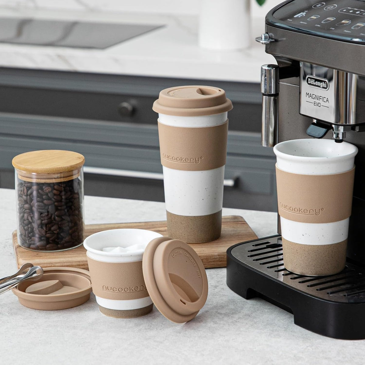 Ceramic Travel Coffee Mug Set, To Go Mug with Silicone Lid&Non-Slip Sleeve