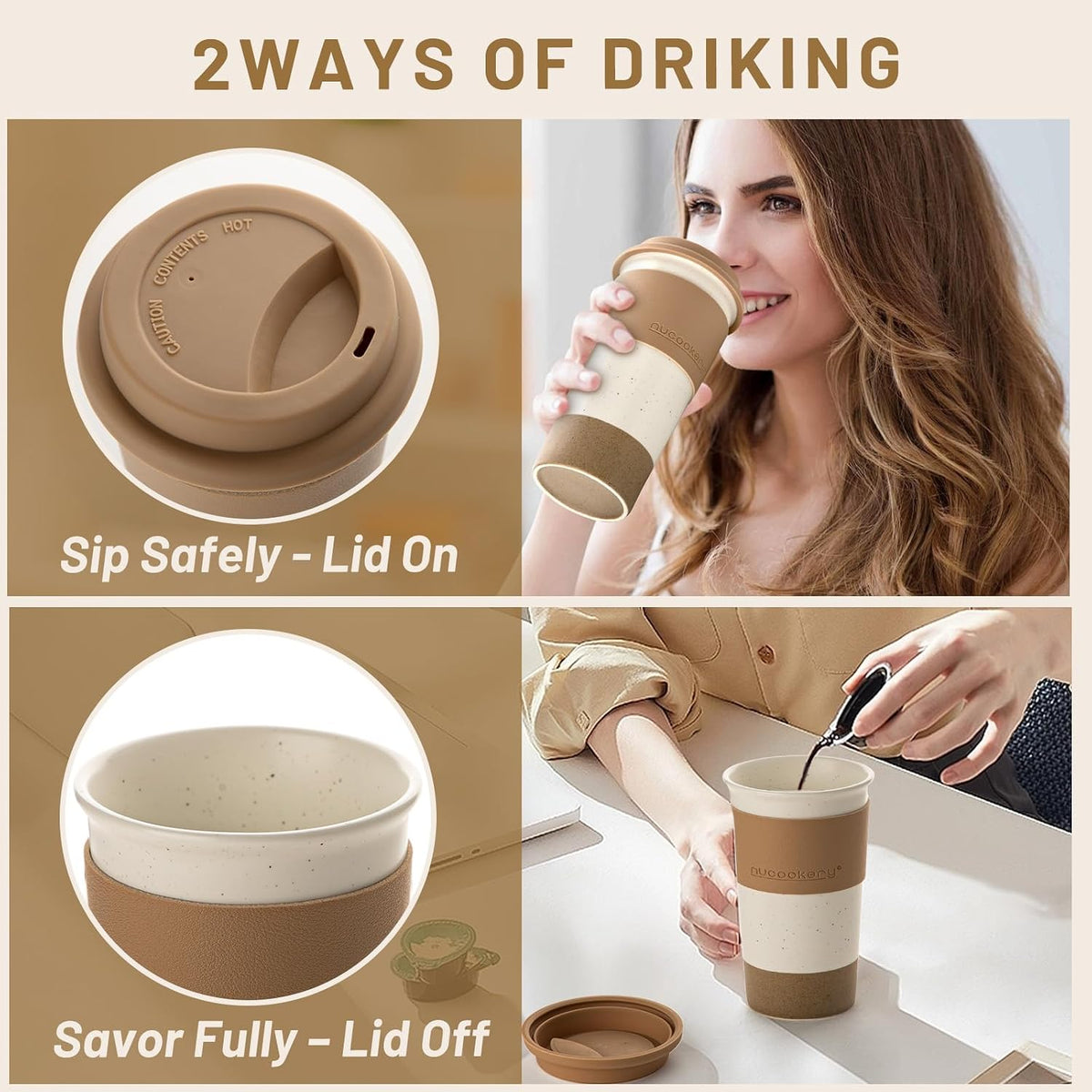 Ceramic Travel Coffee Mug Set, To Go Mug with Silicone Lid&Non-Slip Sleeve