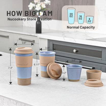 Ceramic Travel Coffee Mug Set, To Go Mug with Silicone Lid&Non-Slip Sleeve