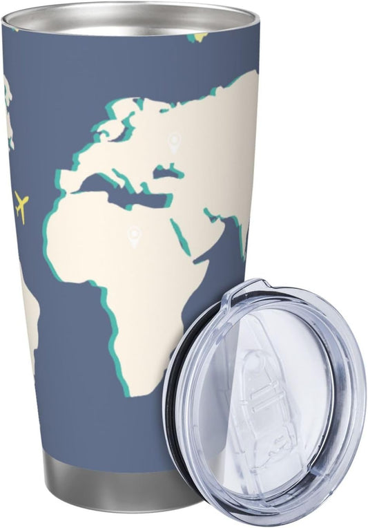 Travel the World for 20oz Car Cup Holder, Insulated Coffee Mug with Lid and Handle, Leak-Proof Spill Proof Travel Tumbler for Vehicle, Fits Most Auto Cup Holders