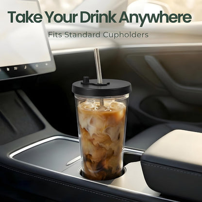 Reusable Iced Coffee Cup with Lid and Straw, 24 oz/Venti, BPA-Free Double-Wall Insulated Plastic Tumbler for Cold Drinks, Includes Clear Plastic Straw, Stainless Steel Straw and Cleaning Brush, White