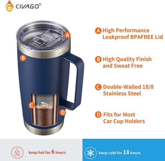 20 oz Tumbler Mug with Lid and Straw, Insulated Travel Mug with Handle, Double Wall Stainless Steel Vacuum Coffee Tumbler, Thermal Cup, Navy Blue