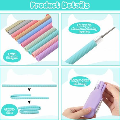20 Sets Reusable Travel Straws with Case Silicone Collapsible
