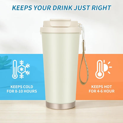 Black Insulated 316 Coffee Travel Mug Stainless Water Bottle 18oz | Versatile 2-in-1 Design,With Straw And Flip Lid With Carrying Rope,Large Capacity ,For Office School, Party ,Camping.
