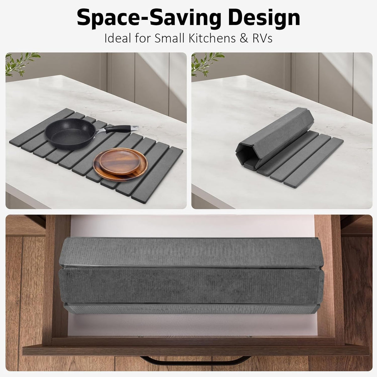 Large Stone Dish Drying Mat for Kitchen Counter – 24"(L)×16 "(W) Foldable Super Absorbent Diatomaceous Earth Stone Dish/Bath Mat, Kitchen Counter Mat for Plate Rack, Cup, Match Any Countertop - Gray