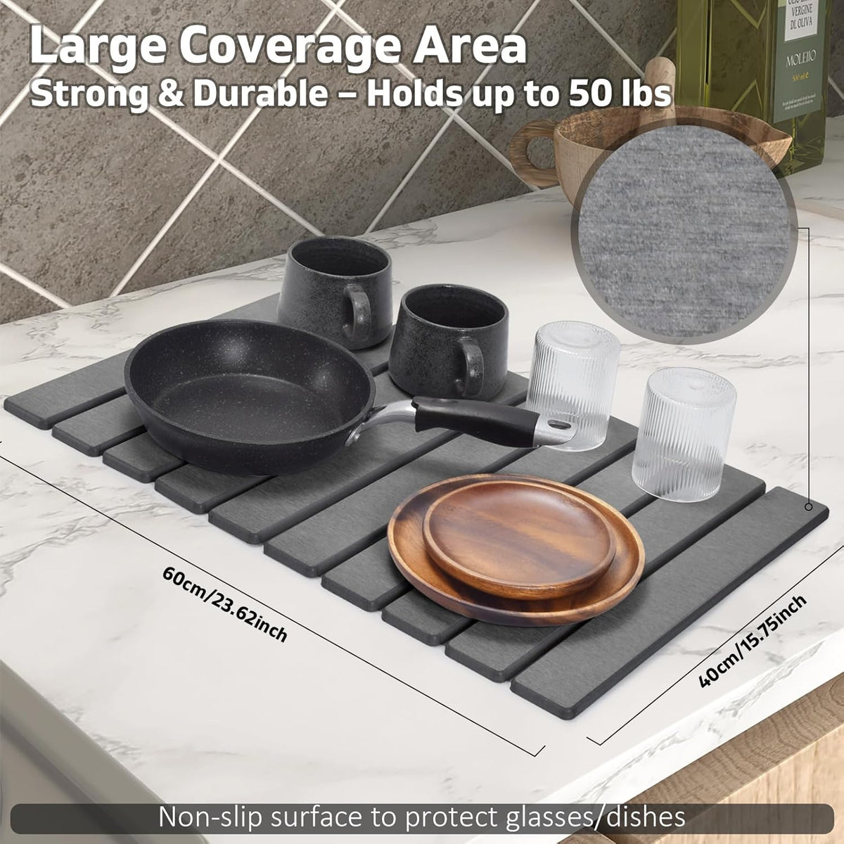 Large Stone Dish Drying Mat for Kitchen Counter – 24"(L)×16 "(W) Foldable Super Absorbent Diatomaceous Earth Stone Dish/Bath Mat, Kitchen Counter Mat for Plate Rack, Cup, Match Any Countertop - Gray