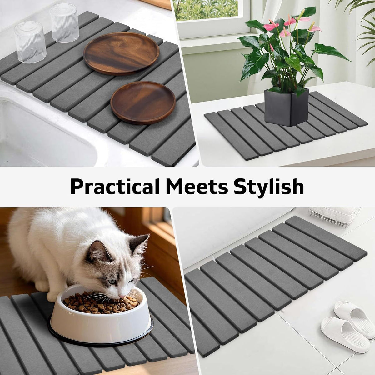 Large Stone Dish Drying Mat for Kitchen Counter – 24"(L)×16 "(W) Foldable Super Absorbent Diatomaceous Earth Stone Dish/Bath Mat, Kitchen Counter Mat for Plate Rack, Cup, Match Any Countertop - Gray
