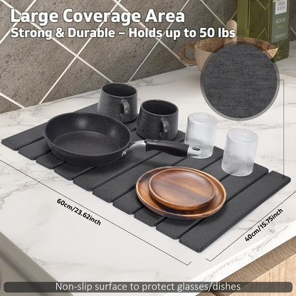 Large Stone Dish Drying Mat for Kitchen Counter – 24"(L)×16 "(W) Foldable Super Absorbent Diatomaceous Earth Stone Dish/Bath Mat, Kitchen Counter Mat for Plate Rack, Cup, Match Any Countertop - Gray
