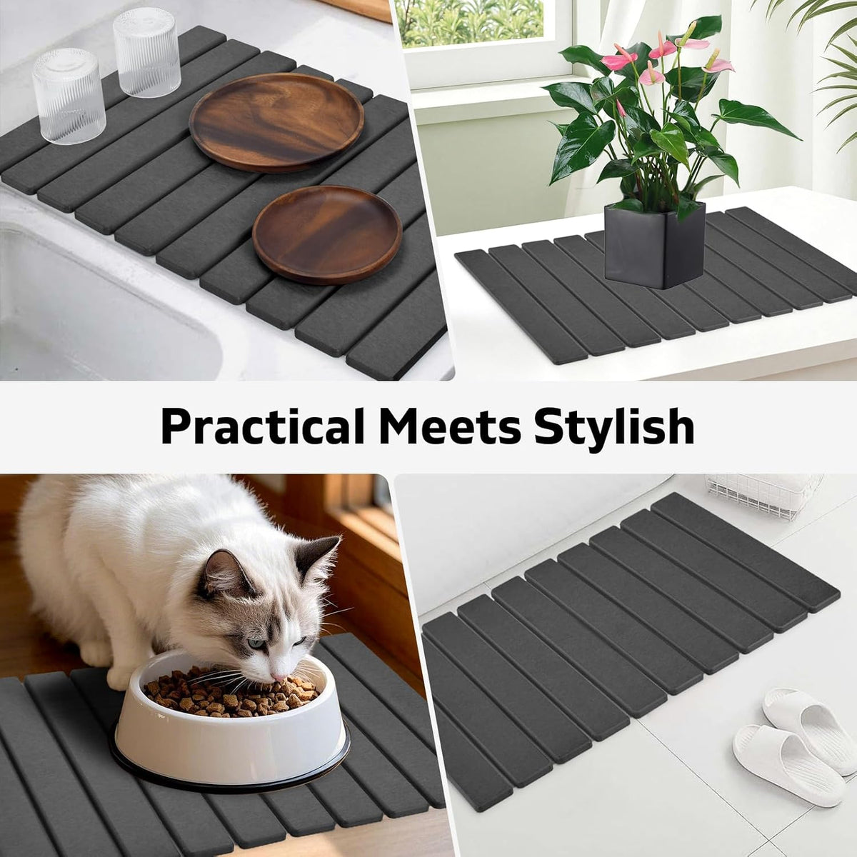 Large Stone Dish Drying Mat for Kitchen Counter – 24"(L)×16 "(W) Foldable Super Absorbent Diatomaceous Earth Stone Dish/Bath Mat, Kitchen Counter Mat for Plate Rack, Cup, Match Any Countertop - Gray