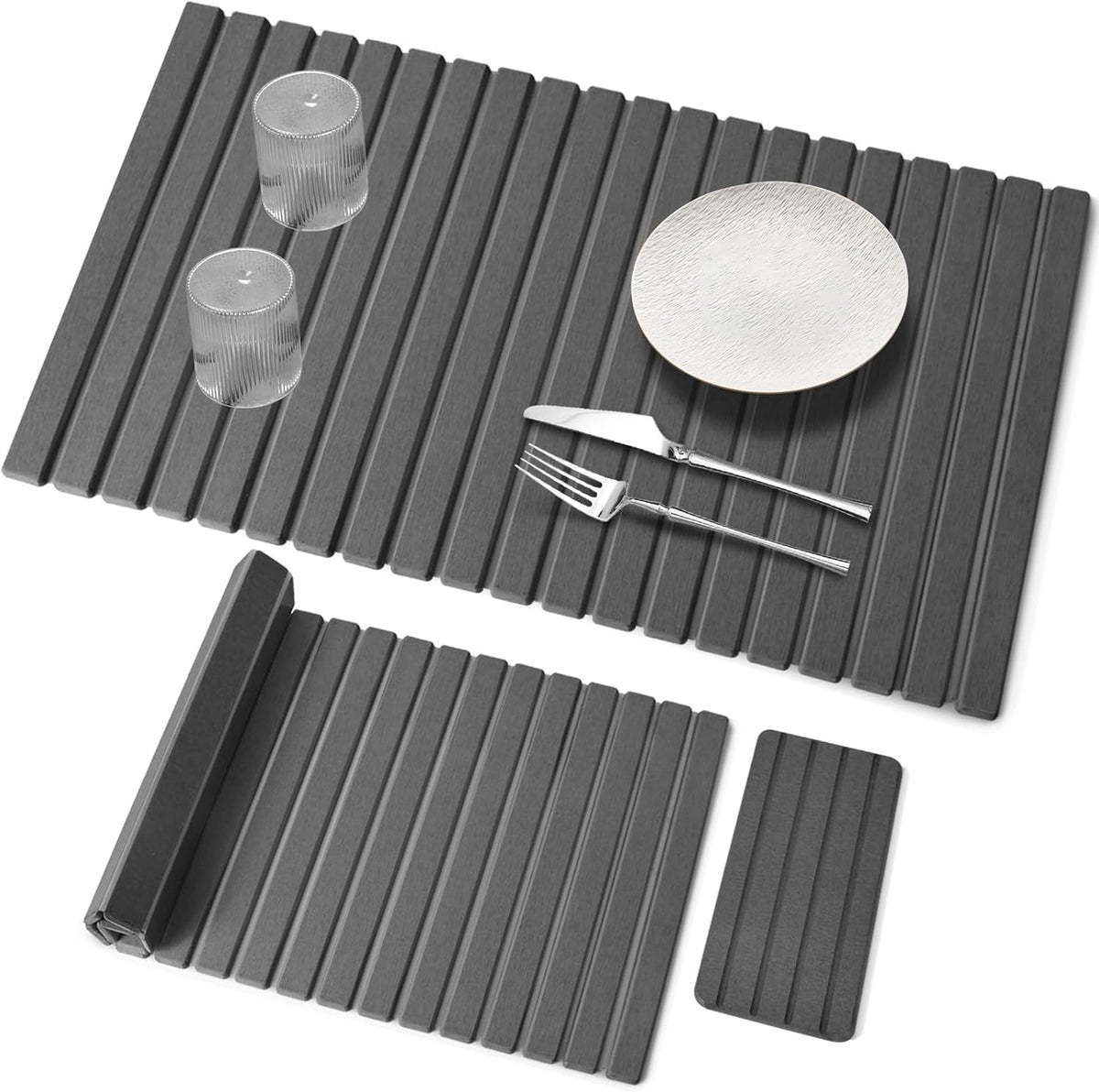 Large Stone Dish Drying Mat for Kitchen Counter – 24"(L)×16 "(W) Foldable Super Absorbent Diatomaceous Earth Stone Dish/Bath Mat, Kitchen Counter Mat for Plate Rack, Cup, Match Any Countertop - Gray